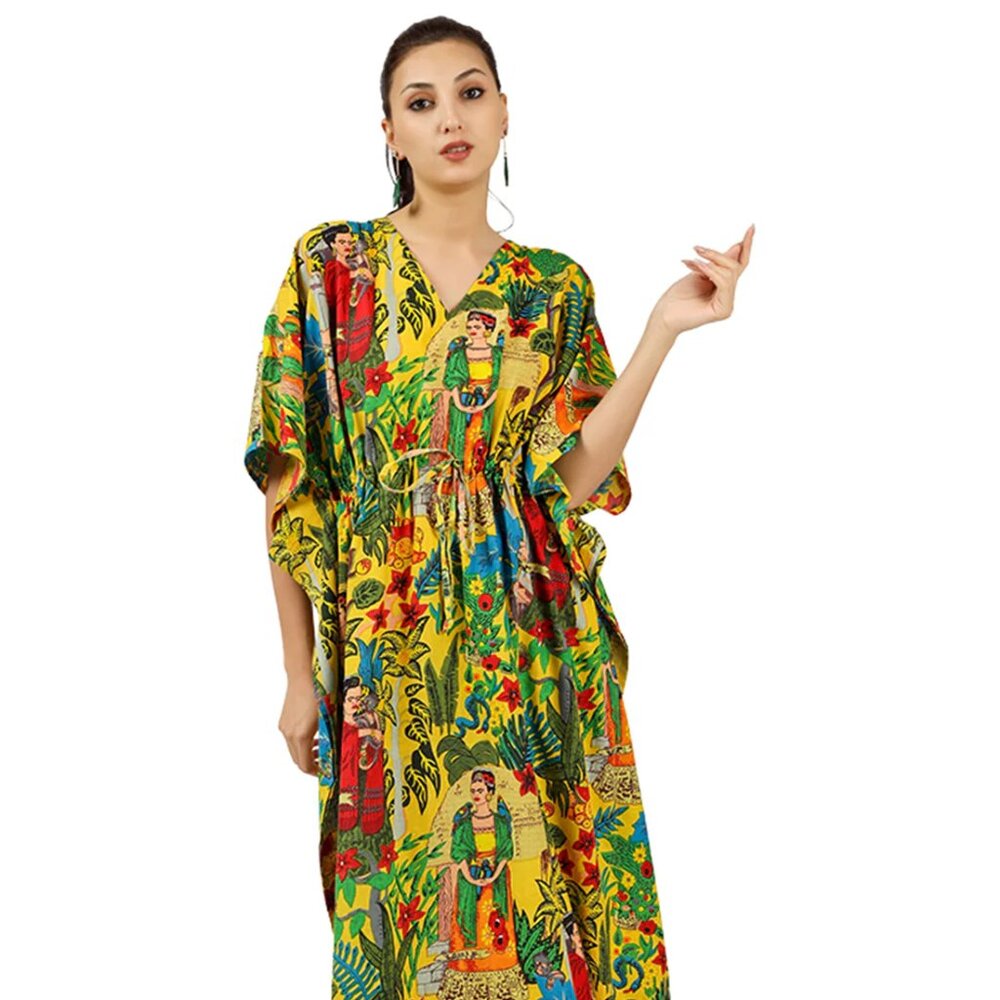 BRAND NEW Frida Kahlo Cotton Kaftan  Long Kaftan Dress Beach Cover Caftan Dress - Picture 6 of 6
